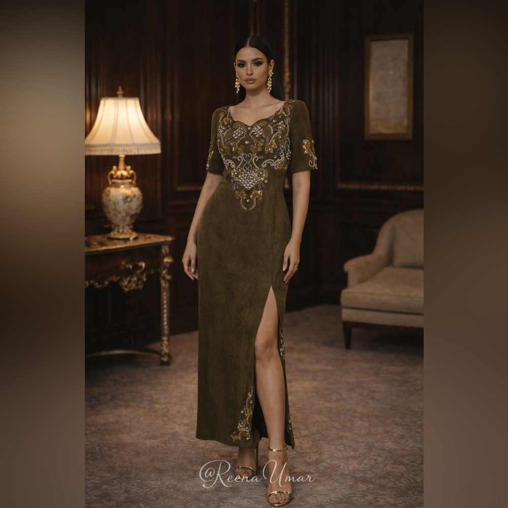 Handmade Olive Embellished Velvet Evening Dress – Size Medium